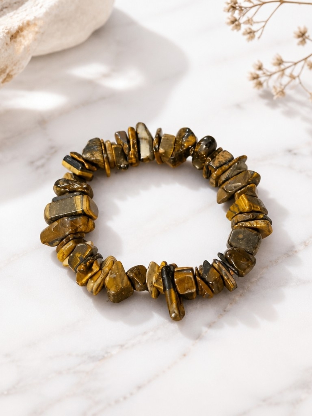 Natural Tiger Eye Chip Stretch Bracelet - Brown